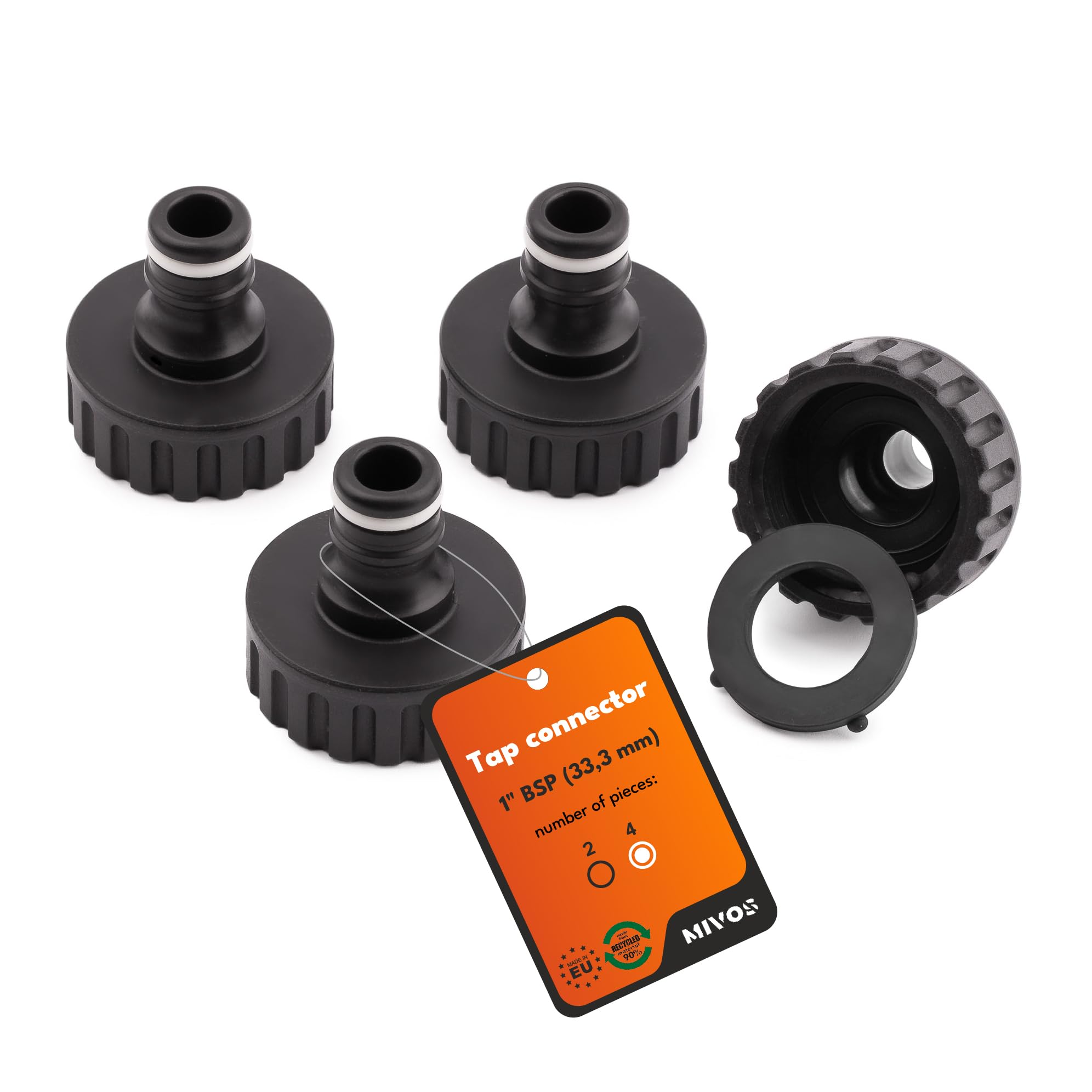 Mivos 4 x Tap Connector for Taps with 1 Inch BSP (33.3 mm) Male Thread - Tap Adapter with Quick Coupling for Garden Hose - Made from 90% Recycled Plastic