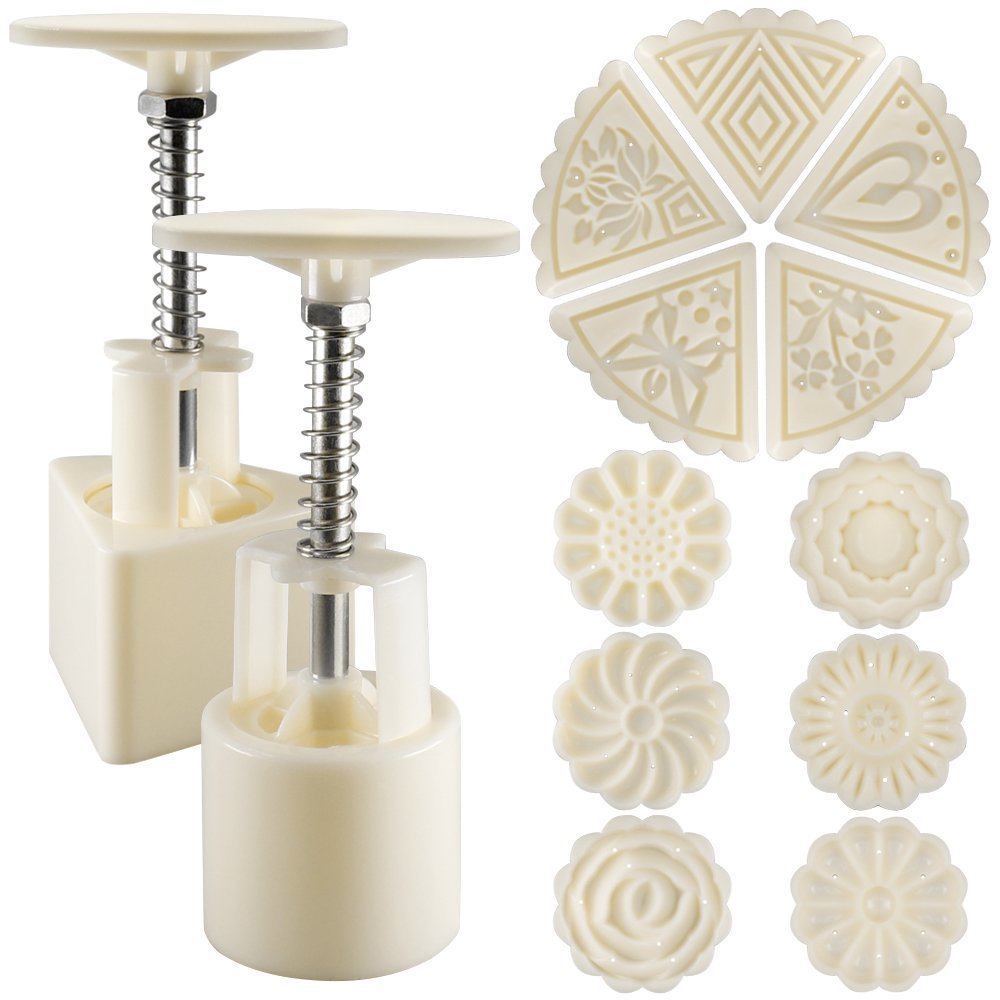 Moon Cake Mould, SENHAI Set of 2 Flower Triangle Cookie Press with 11 Patterns, Cake Decorating Tools for Baking Cake Decoration – White