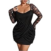 SOLY HUX Women's Plus Size Lace Dress Criss Cross Wrap Ruched Long Sleeve Bodycon Party Mini Dresses