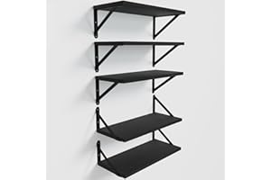 COCOYA Wall Shelves 7.3" Deep Set of 5, Solid Paulownia Wood Wider Longer Sturdy Easy to Install Wall Mounted Bookshelves Storage Shelves Bathroom Home Office Laundry Room Bedroom Organizer Black