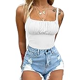 BEJONS Women's Sexy Square Neck Ruched Bodysuit Sleeveless Double Lined Tank Tops