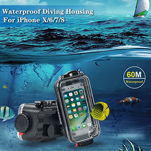 MEIKON iPhone X/6/7/8 Waterproof Case Black Bluetooth Control,195FT/60M IPX8 Certified Waterproof Underwater Swimming Diving Surfing Snorkeling case with Wide Angle Dome Port Lens(NO Battery)