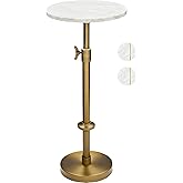 Adjustable-Height Marble Drink Table - 10x10x22-30, White Marble & Antique Brass, Modern Round End Table, Side Table with Ped