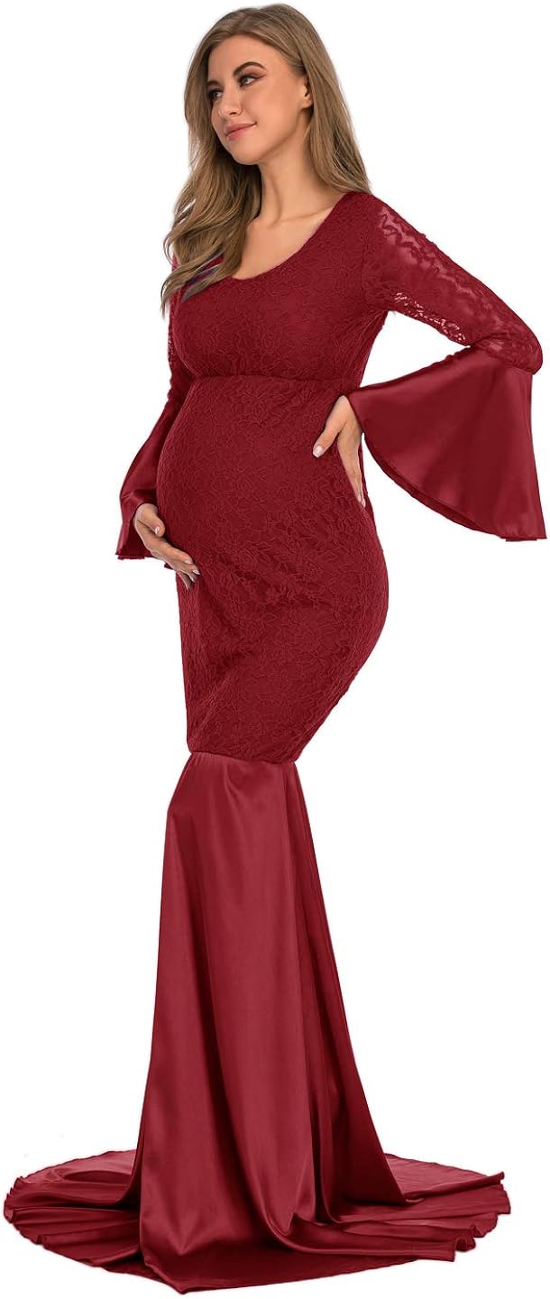 ZIUMUDY Maternity Lace Fitted Gown Long Sleeve Maxi Mermaid Photography Dress Baby Shower Photo Shoot at  Women’s Clothing store