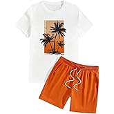 BEAUDRM Men's 2 Piece Big and Tall Vacation Set Plus Size Tropical Graphic Short Sleeve T-Shirt and Drawstring Waist Shorts