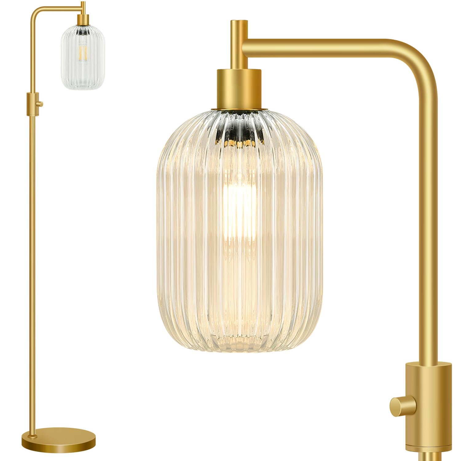 Photo 1 of ?Upgraded? Dimmable Glass Floor Lamp for Living Room, Modern Gold Standing Lamp with Clear Ribbed Glass Lampshade & Knob Dimmer, Arc Tall Lamp for Bedroom Office Reading Room, 2700K Led Bulb Included