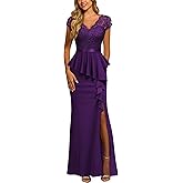 MISSMAY Women's Elegant Floral Lace Ruffle Split Cocktail Party Long Dress