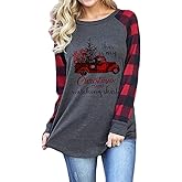 Merry Christmas T Shirt for Women Baseball Long Sleeve Raglan Plaid Splicing Tee