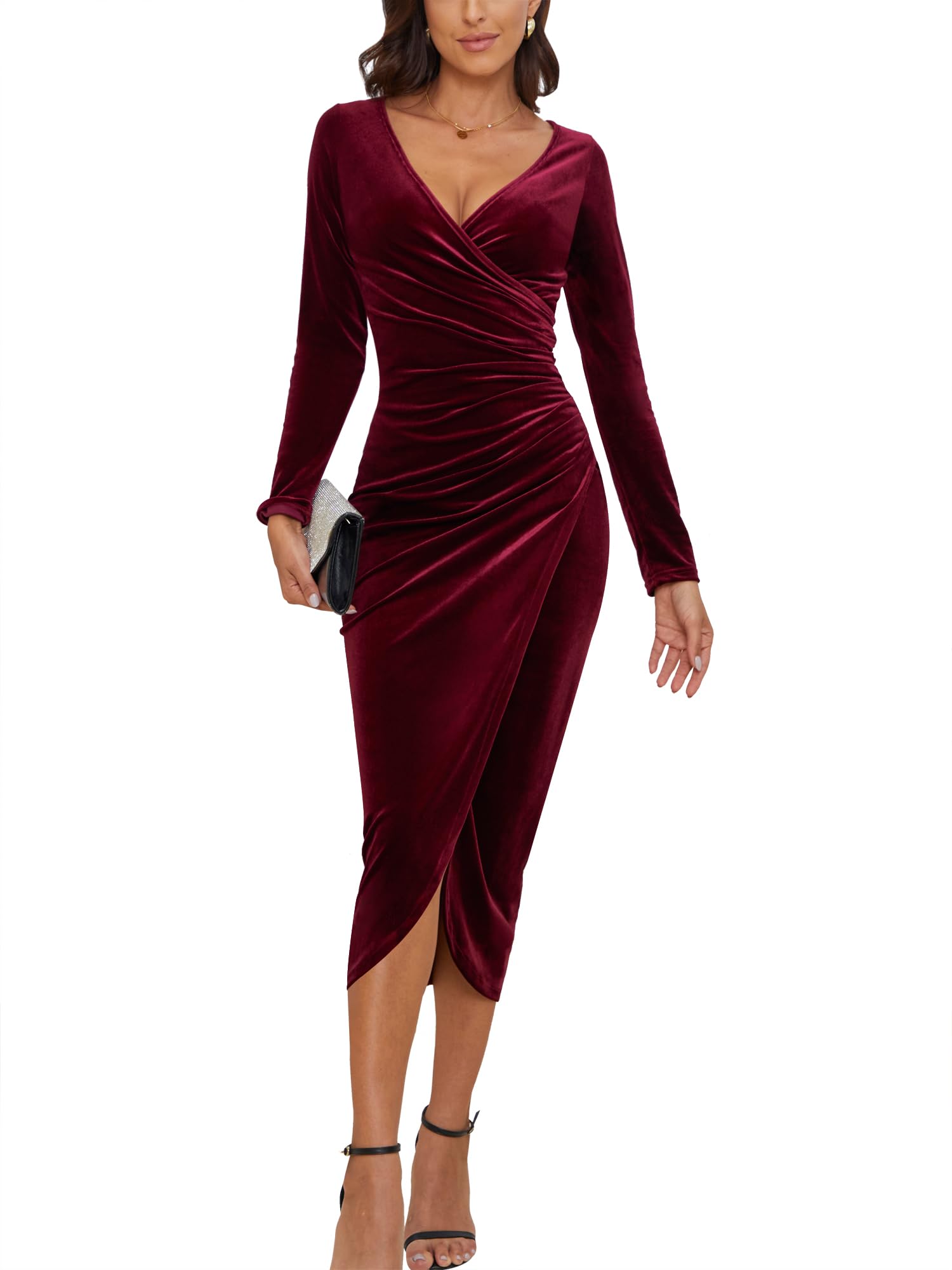 Photo 1 of CYiNu Women's V Neck Wrap Velvet Long Sleeve Elegant Bodycon Ruched Cocktail Party Maxi Dress(Wine Red,S)