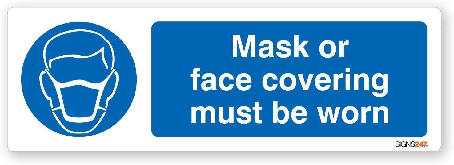 Mask or Face Covering must be worn - Self adhesive vinyl sticker 50mm x 150mm - Pack of 2