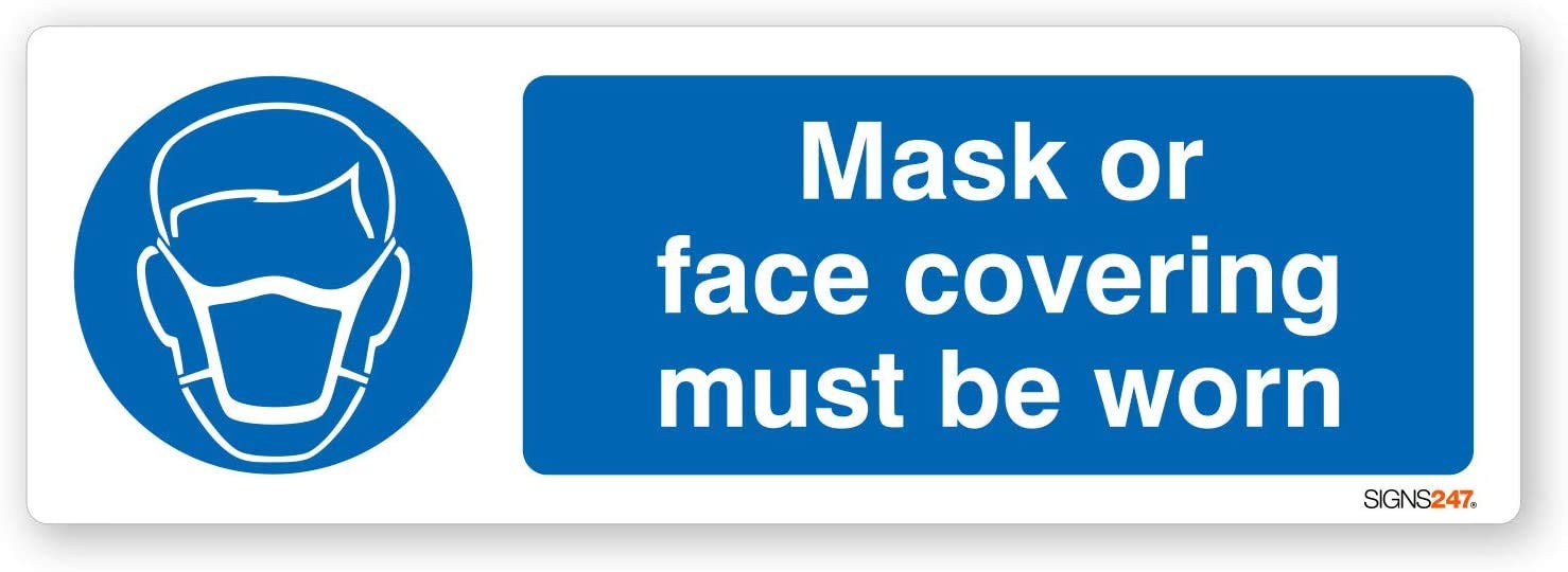 Mask or Face Covering must be worn - Self adhesive vinyl sticker 50mm x 150mm - Pack of 2