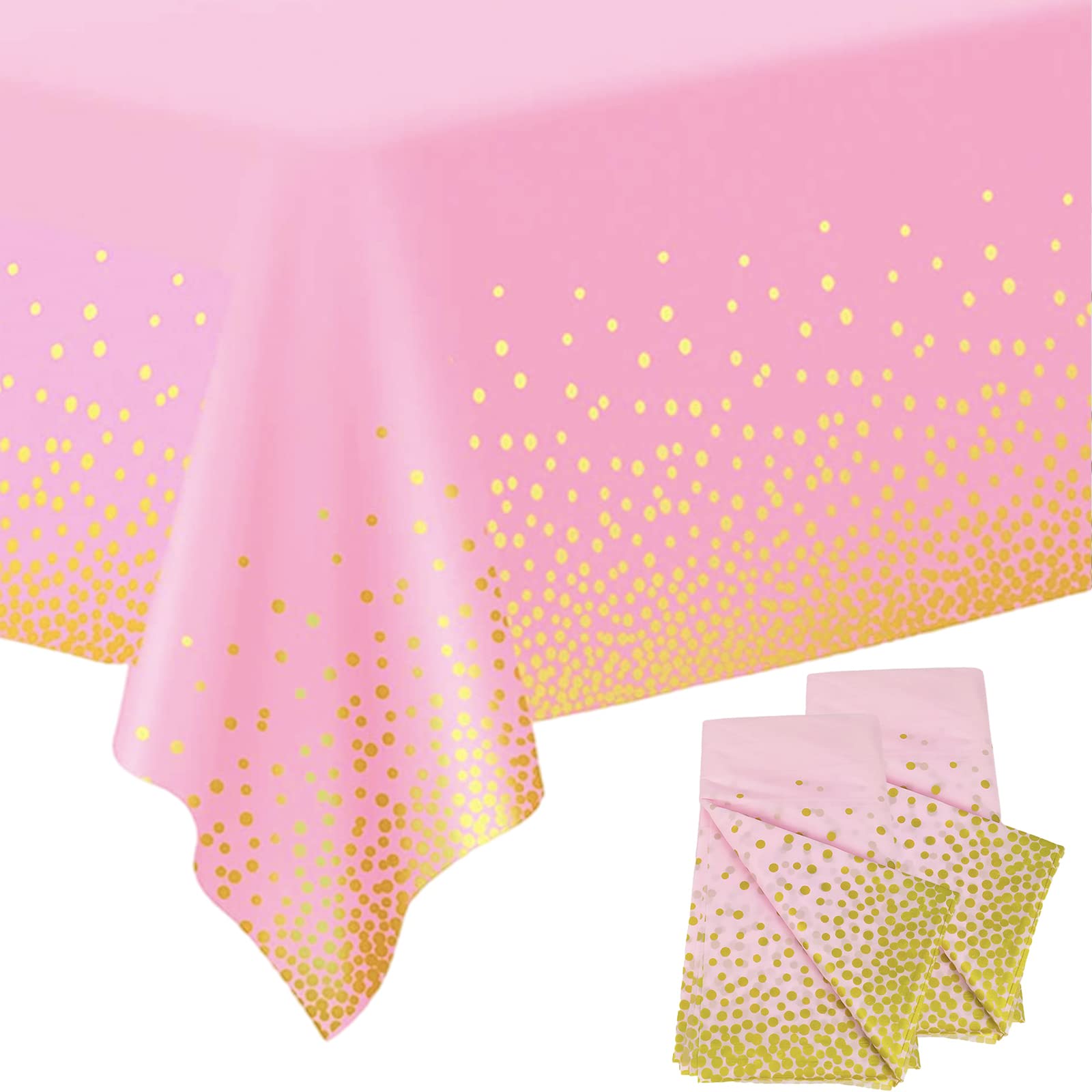 2Pcs Pink and Gold Dotted Confetti Party Table Cloth 54 * 108 inch Large Plastic Waterproof Table Cover Rectangular Tablecloth for Birthday,Baby Shower,Wedding,Picnic,Party Decoration