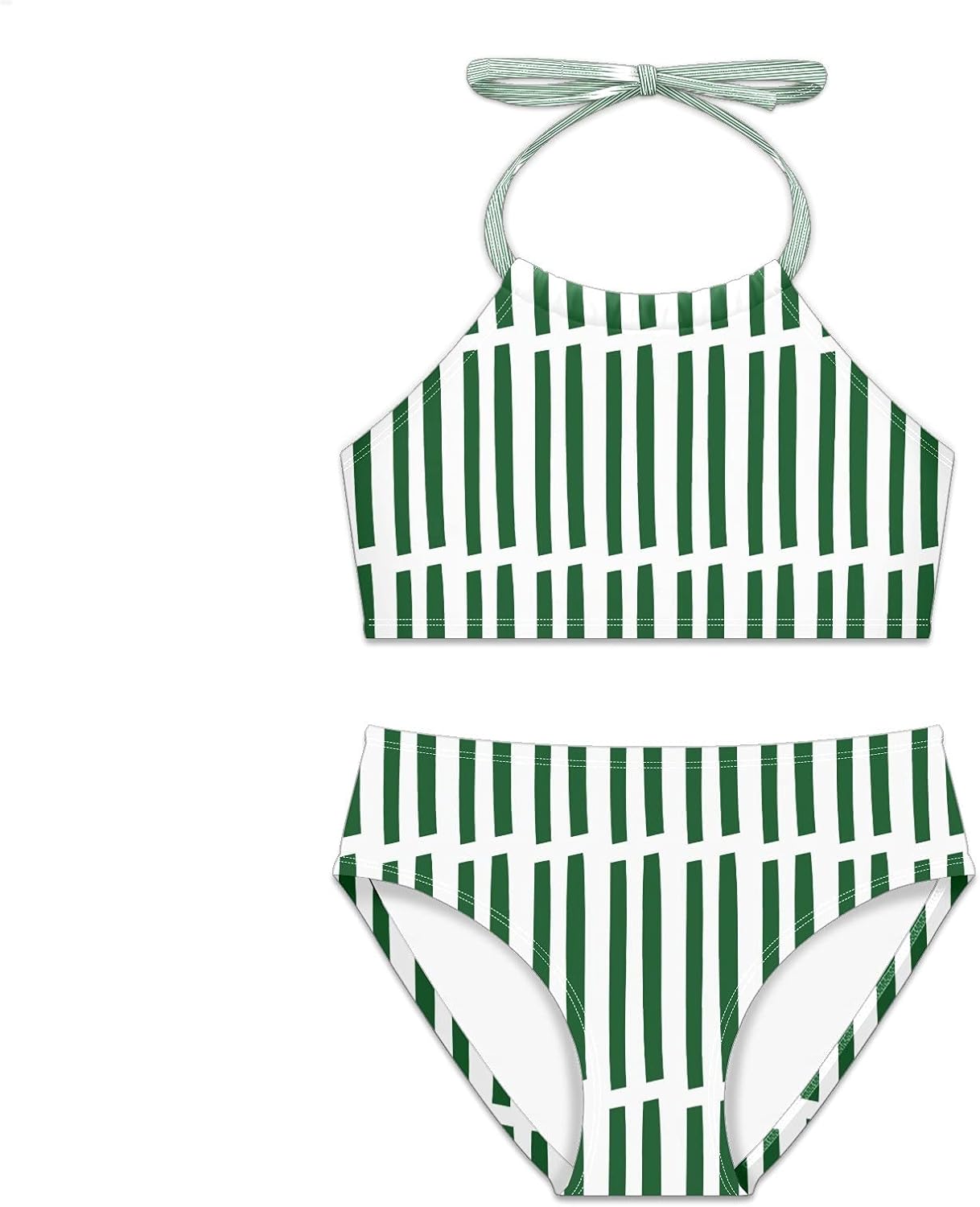 Girls Bikini Sets Green and White Lines Beach Sport Halter