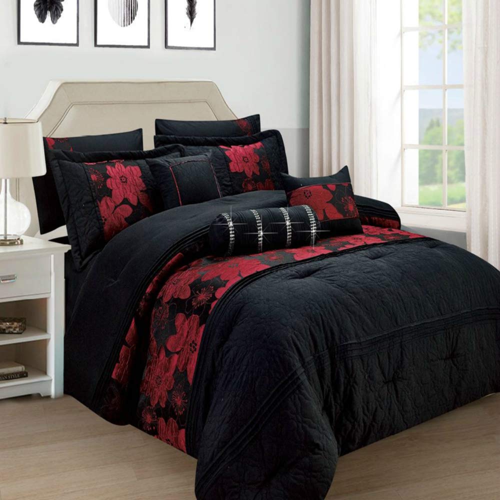 SSP NOVENA 7 Pieces Bedspread/Comforter (7P Black/Red, Superking)