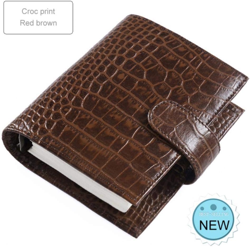 Qingb Genuine Leather Rings Notebook Brass Binder Mini Agenda Organizer Cowhide Diary Journal Sketchbook Planner Big Pocket,Croc Red Brown,A7 Cover 142x115mm