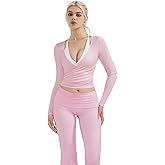 SUUKSESS Women Pilates Wrap Workout Cropped Top Ribbed Long Sleeve V Neck Tie Front Ballet Yoga Shrug Blouse