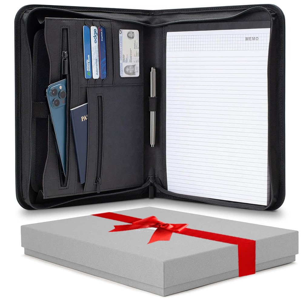 Forevermore Portfolio Padfolio Folder with Zipper - Professional Faux Leather Travel Organizer Pouch for Tablet, Documents, Presentation Folders, Zipper Closure, Notepad - Black — image 1