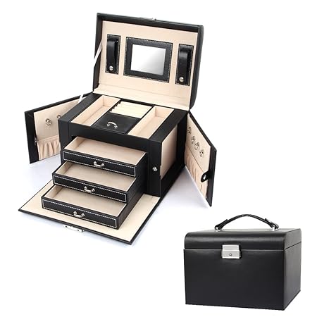 Sungle Synthetic Leather Large Jewellery Box Gift Case 3 Drawers