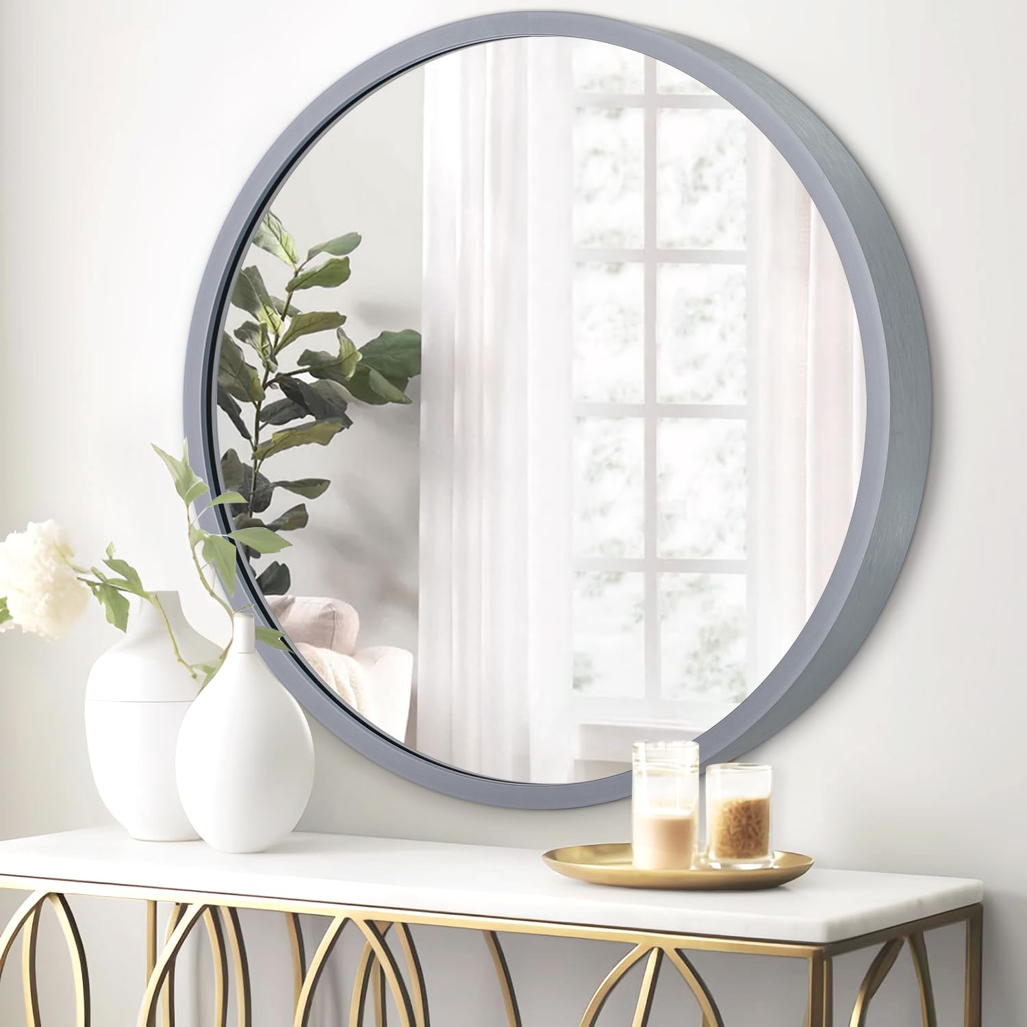 JJUUYOU Wall Round Mirror Wall Mounted Circle Mirror Hanging Round Mirrors Gray Metal Framed Mirrors for Bathroom Vanity Bedroom Home Decor