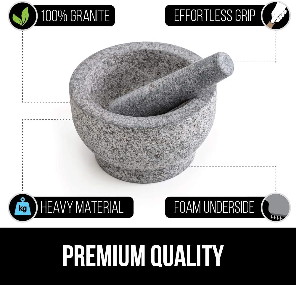 Gorilla Grip Original Mortar and Pestle Set, Slip Scratch Resistant Bottom, Heavy Duty Polished Granite Guacamole Molcajete Bowl Kitchen Spices, Herbs, Pesto Grinder, Small 5 Inch Holds 1.5 Cups, Gray: Kitchen & Dining