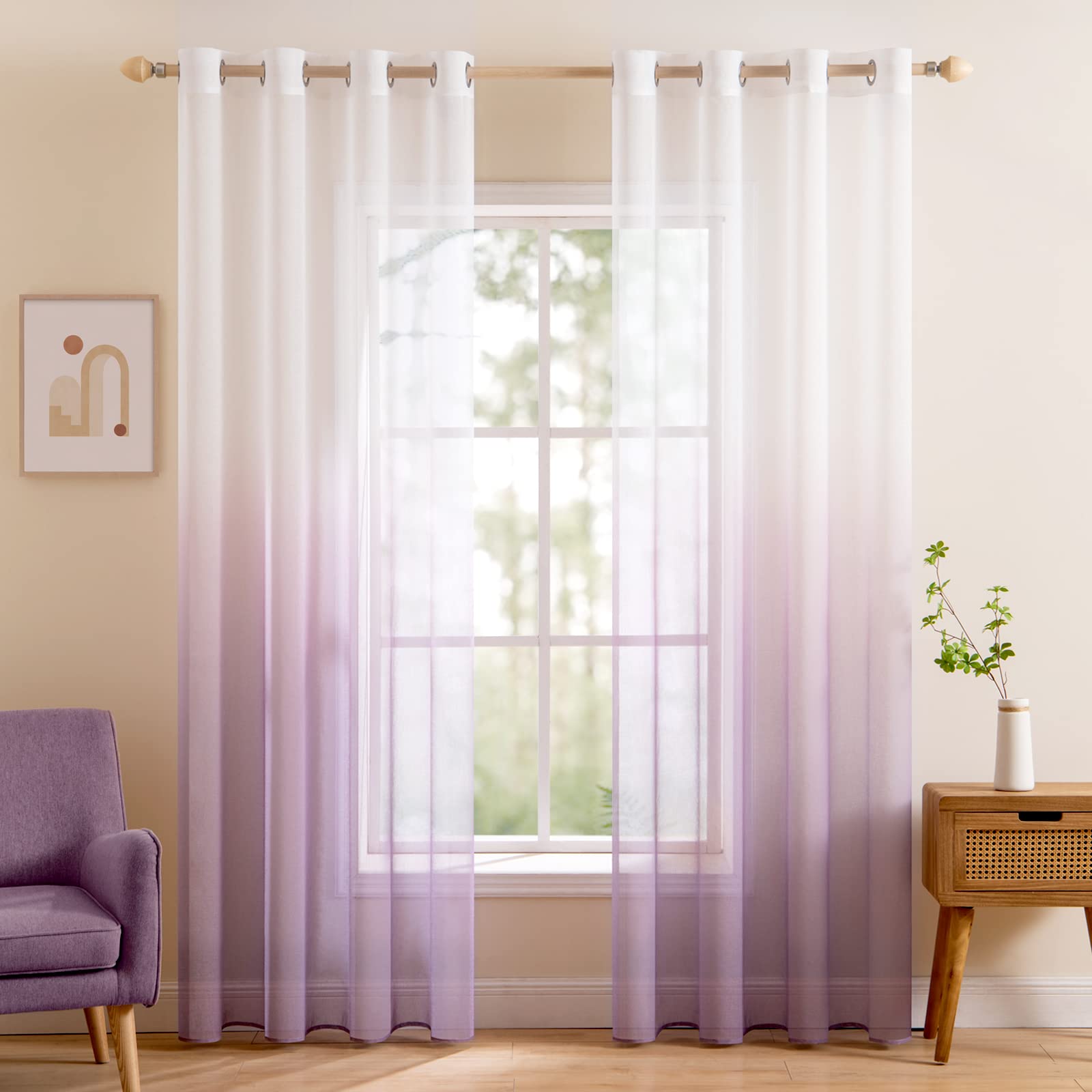 MIULEE Set of 2 Gradient Voile Curtains with Eyelets, Window Mosquito Net in Changed Polyester, Semi-Transparent Shade for Living Room, Bedroom, Office, 140 x 260 cm (W x H) Light Purple