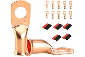 SDZONGES 10 PCS Battery Terminal Connectors, Battery Cable Ends Lugs, 6 Gauge Wire Connectors, 6 AWG 5/16" Stud Ring Terminals, Copper Wire Lugs with Heat Shrink Tubing.