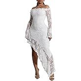 AWASIR Women's Sexy Off The Shoudler Lace Mesh Dress Ruffles High-Low Dresses Sexy Bodycon Cocktail Dress