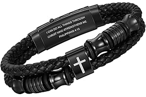 TempBeau Christian Black Leather Bracelet for Men - Double-Row Braided Leather Faith Cross Bracelets for Men Jewelry Gift Religious Baptism Easter Gifts for Young Men Teenage,Adjustable Wristband