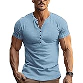 Gnvviwl Retro Henley Shirts for Men Short Sleeve Distressed Casual Button Slim Fit Tee Shirts