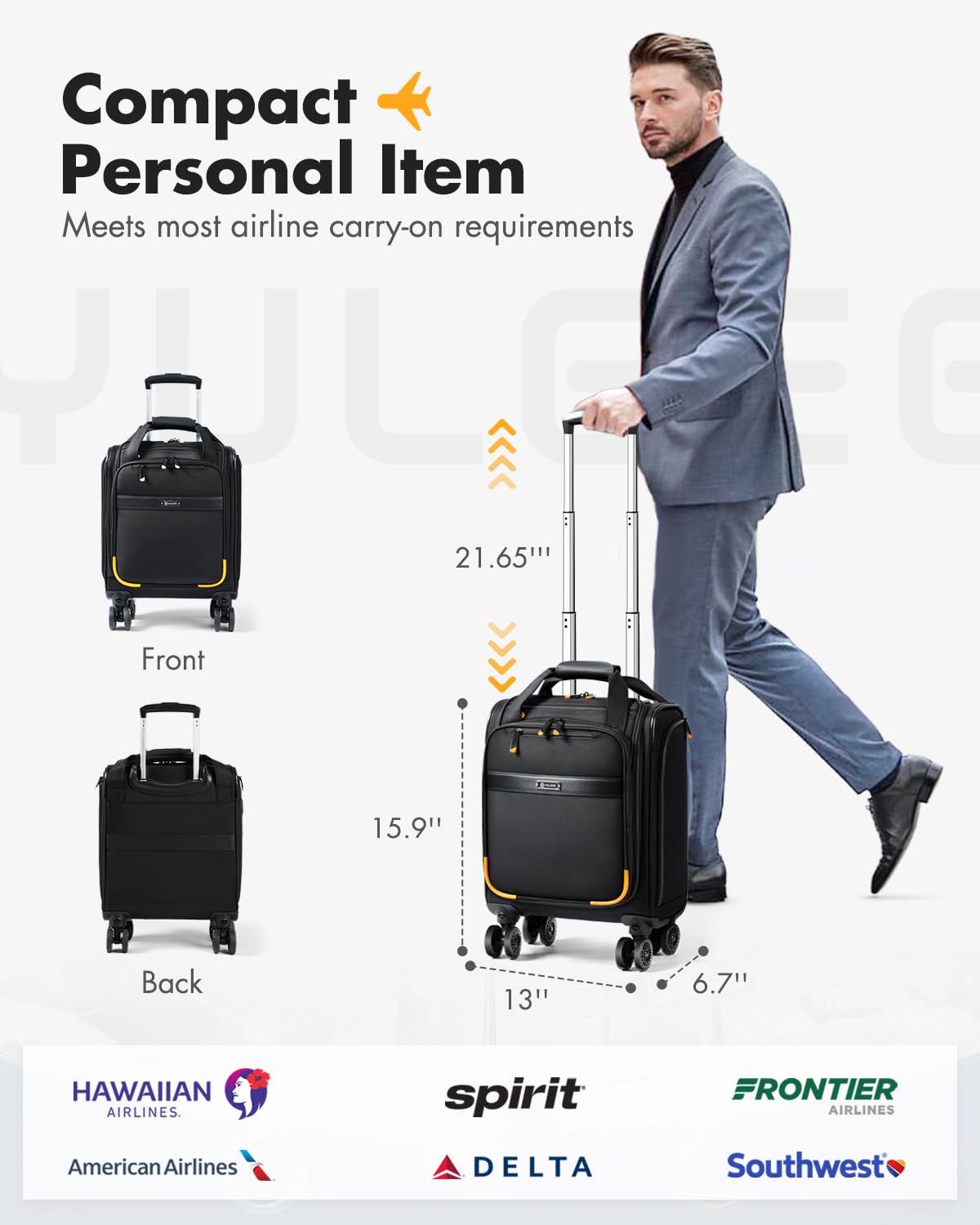YULEEE Underseat Carry On Luggage with Spinner Wheels,16-Inch Softside Suitcase with USB Charging Port, Lightweight Travel Bag Airline Approved for Men Women, Black