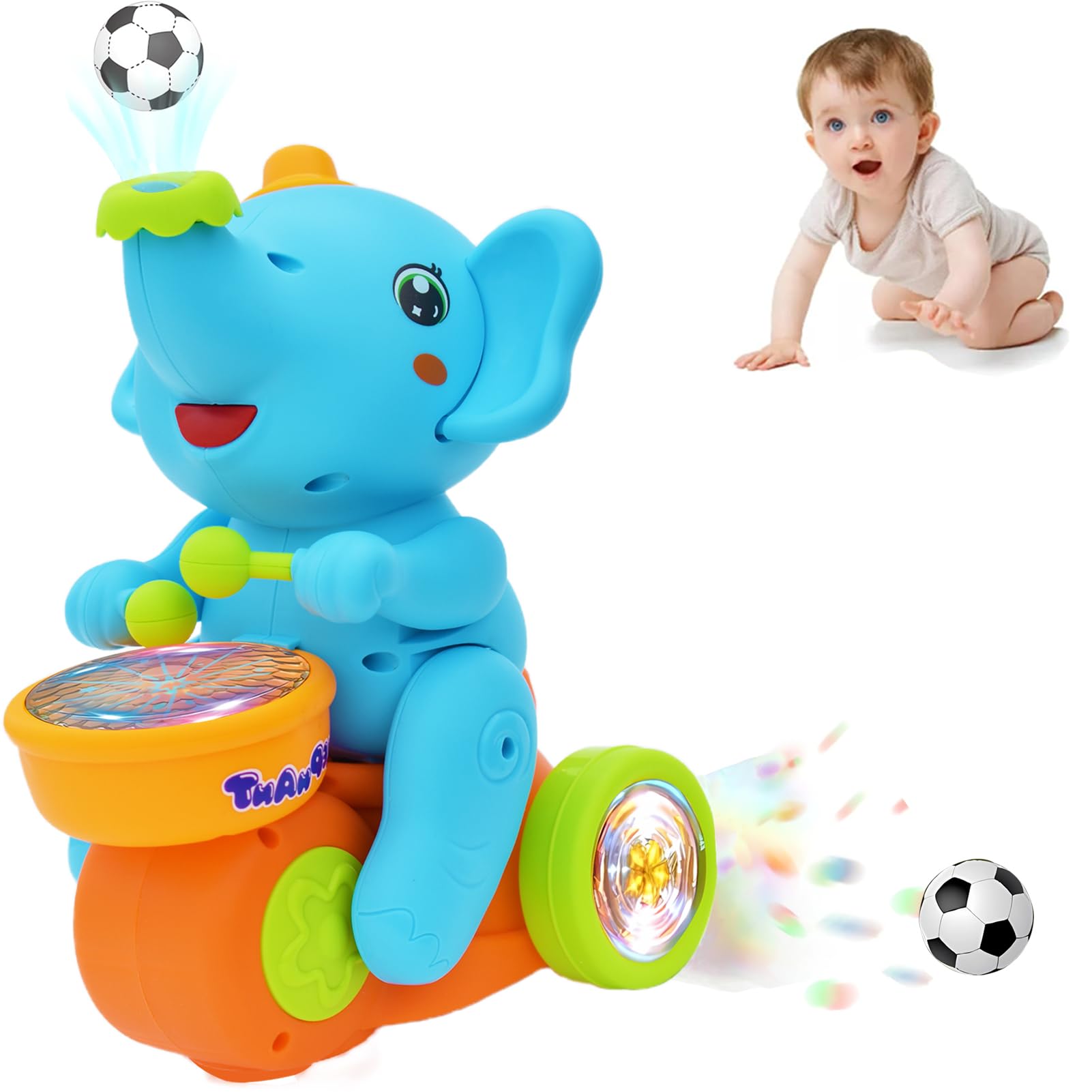 Crawling Elephant Baby Toy，Musical Elephant Walking Toys with Sound & LED Lights,Playing Drum And Blowing Ball,Infant Tummy Time Toys Gifts for Boy Girl 6-12-18 Month 1-3 Year Old