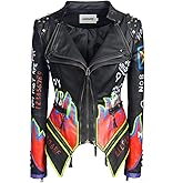 LadtwRX Women's Faux Leather Textured Hand Painted Graffiti Studded Rivet Moto Lady Fit Jacket Zip-up Slim PU Biker Coat