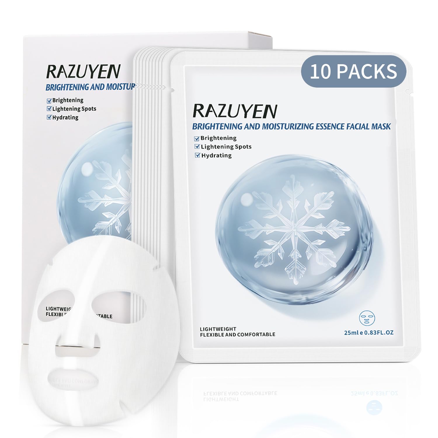 RAZUYEN Brightening Face Mask (10 Sheets), With Rosa Water, Niacinamide, Vitamin C and Hyaluronic Acid, Face Sheet Masks for Glowing, Soothing and Hydrating Skin, Added Fragrance Free — image 1