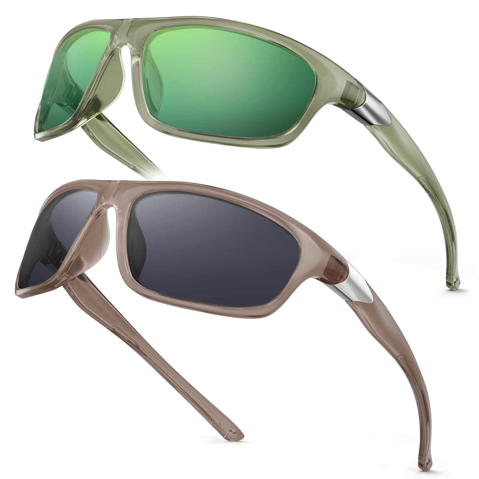 Photo 1 of 2 Pack Polarized Sports Sunglasses for Men Women, TR90 Wrap Around Design Sun Glasses UV400 Protection Outdoor Driving Cycling Fishing Green and Amber