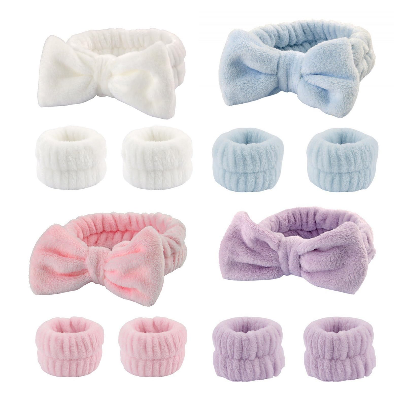 12 Pcs Skincare Headband Wristband Set, Stylish Bow-Tie Headbands Girls Wristbands with Soft Elasticity，Suitable for Makeup Facial Cleansing Spa Treatments Workouts (4 Colors)