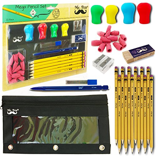 Mr. Pen- Complete Pencil Pack, 12 Pencils (#2 HB), 4 Pencil Grips (Silicone), Pencil Case with Binder Holes, 12 Pencil Cap Erasers, Mechanical Pencil (0.7mm), Lead Refill, Eraser, Pencil Sharpener