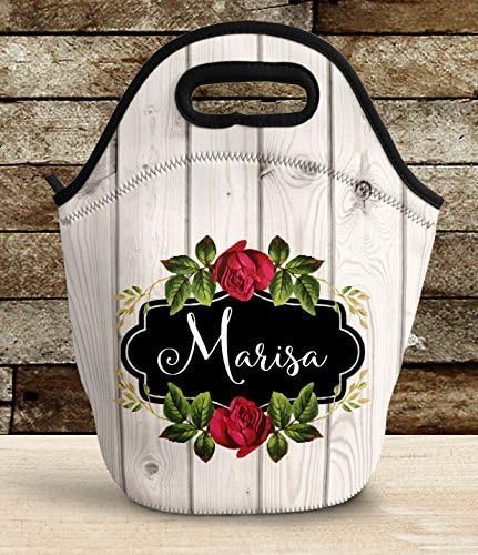 Insulated Lunch Bag for Women Insulated and Fashionable Red Rose with Barnwood Pattern