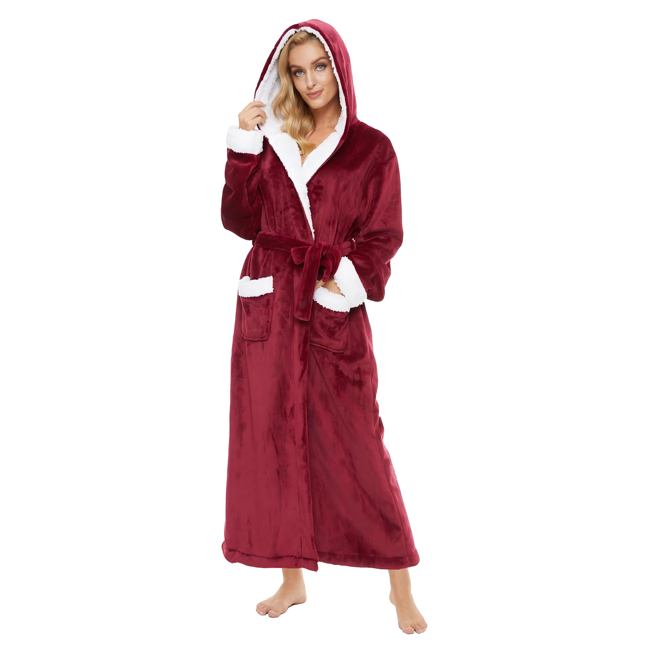 Photo 1 of Devirld Plush Robes for Women, Womens Robe Long Fleece Fuzzy Bathrobe Hooded Warm Soft Fluffy Bathrobes, Wine Red, X-Large