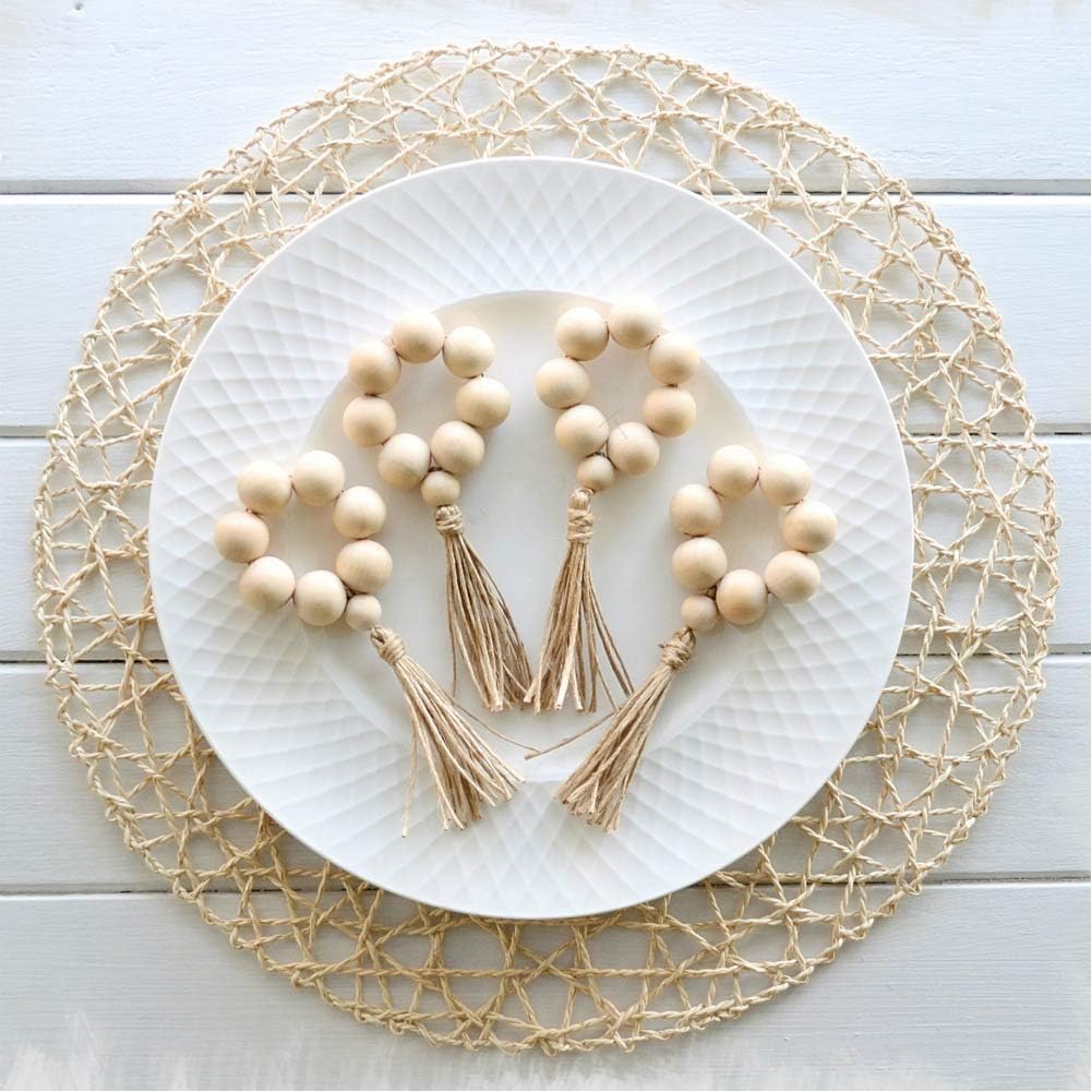 HozYi Set of 8 Farmhouse Beaded Wood Napkin Rings with Tassels Housewarming Gift Table Setting Wedding Party Décor Accessories Napkin Holder (Natural Style): Home & Kitchen