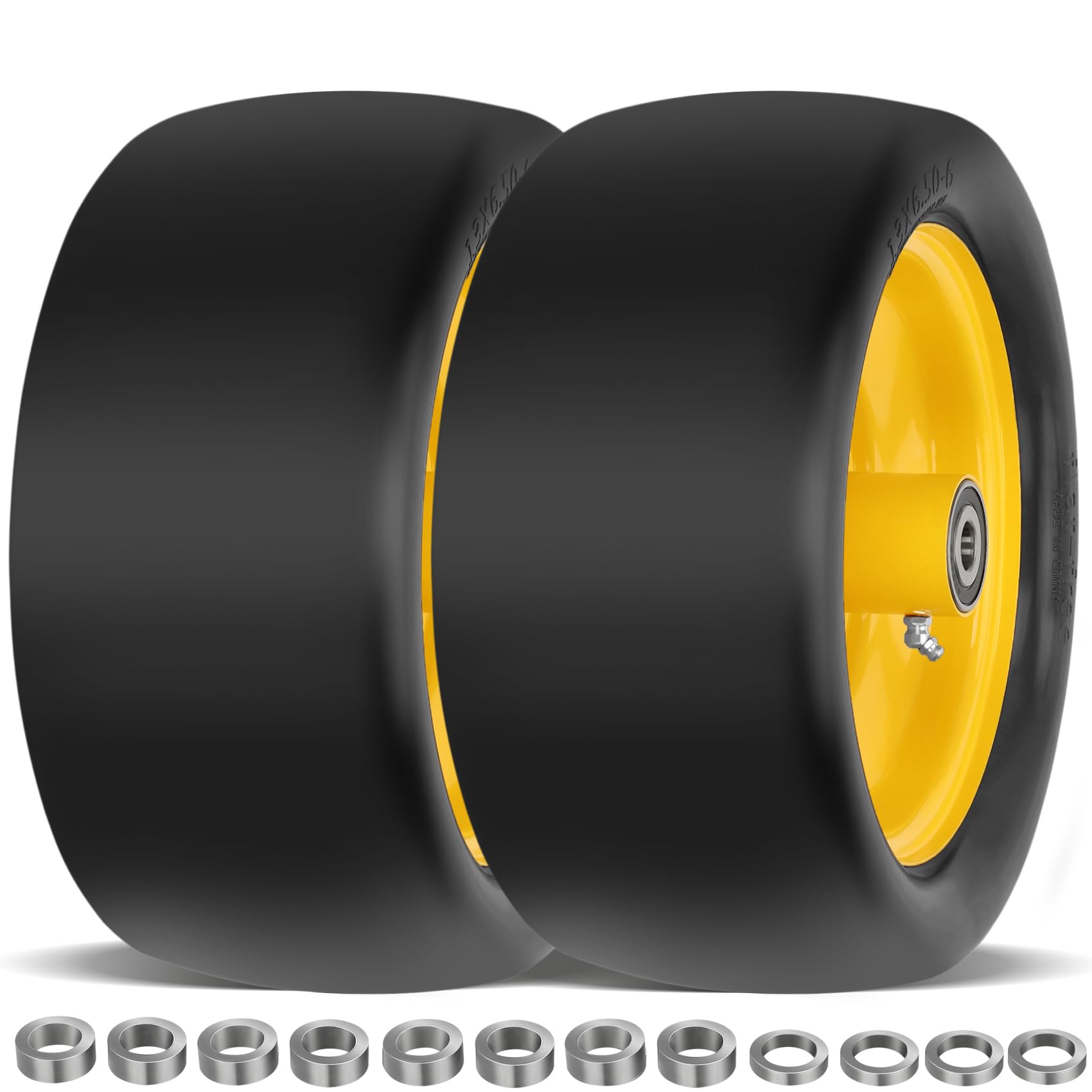 Photo 1 of 2 Pcs Upgrade 13x6.50-6 Lawn Mower Tires Flat Free with 5/8" Bearing, 13x6.50-6 Zero Turn Mower Front Tires, 13x6.5-6 Flat Free Lawn Mower Tires for Commercial Grade Lawn, 5.5"-7.5" Centered Hub