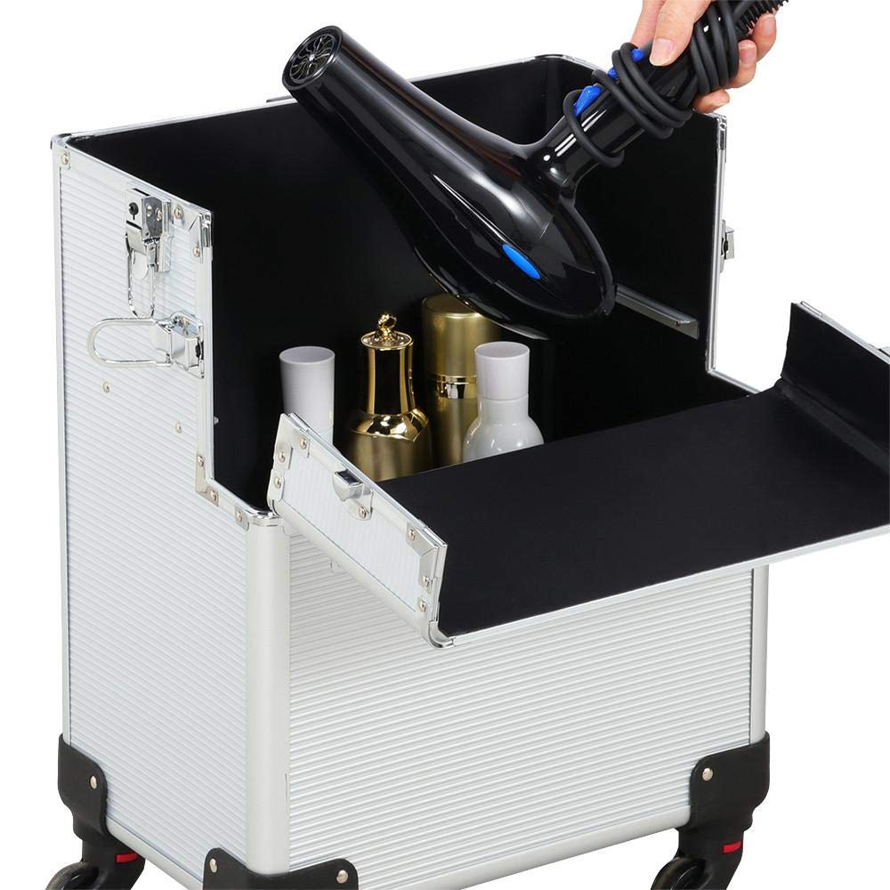Yaheetech 3 in 1 Professional Aluminum Rolling Makeup Trolley Artist Train Case Cosmetic Organizer Makeup Case 4 Removable Spinner Wheels Silver : Beauty