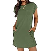 Wenrine Women's Summer T Shirt Dress Mini Dresses Short Sleeve Sundresses | Casual, Crewneck, Loose Fit, Cap Sleeve, Beach Vacation, Solid Color, with Pockets