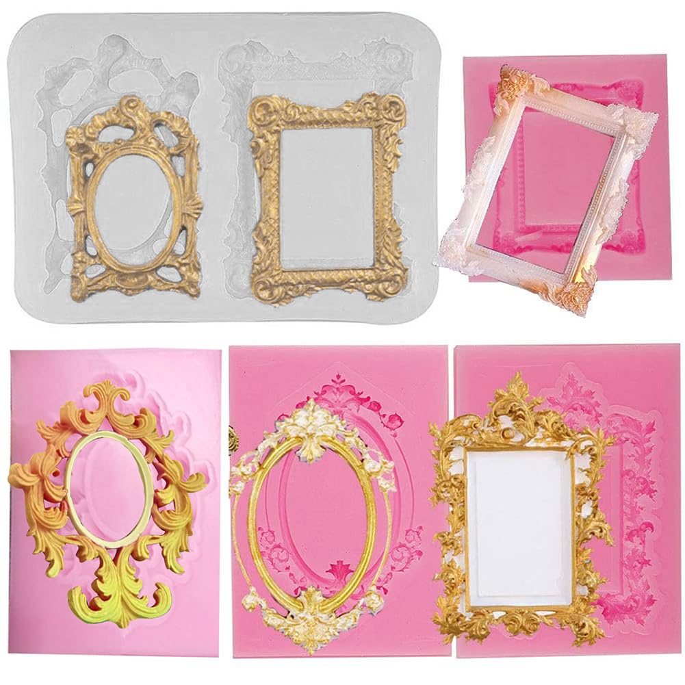 SUNNYCLUE 5pcs Vintage Mirror Frame Silicone Fondant Mould Baking Tools for DIY Sugar Candy Chocolate Fondant Ice Cube Tray Soap Cake Decoration Polymer Clay UV Epoxy Resin Jewellery Making Crafting