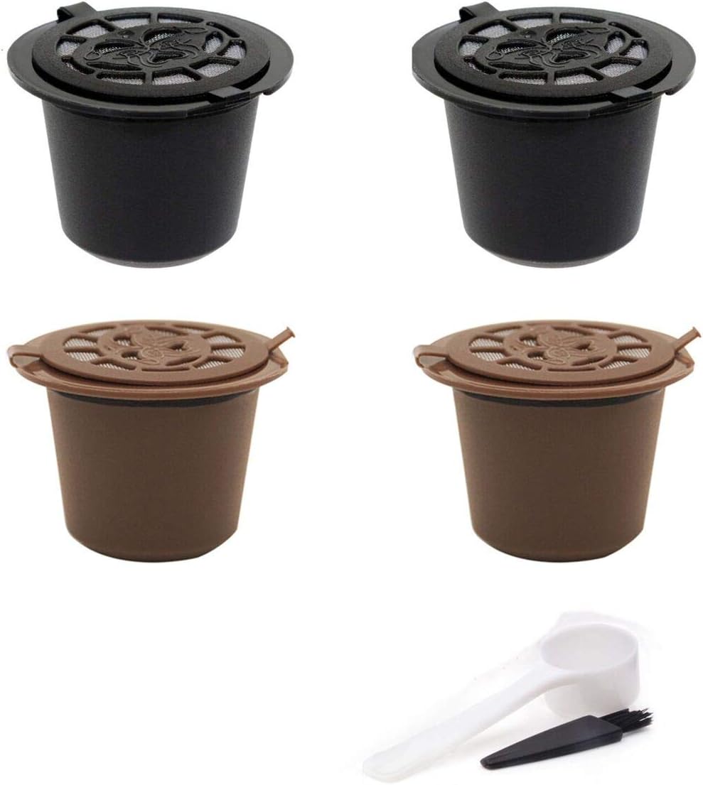 Refillable Reusable Coffee Capsule for Nespresso Pack of 4 with Plastic Spoons and Cleaning Brushes