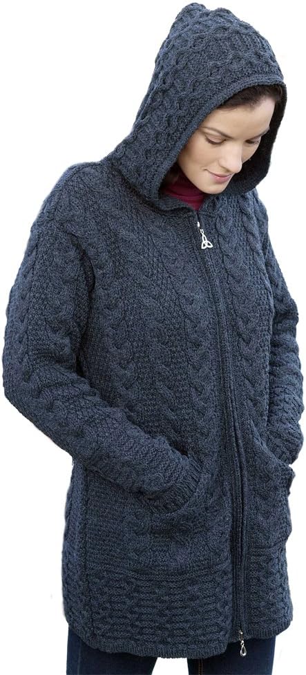100% Irish Merino Wool Ladies Hooded Aran Zip Sweater Coat by West End Knitwear