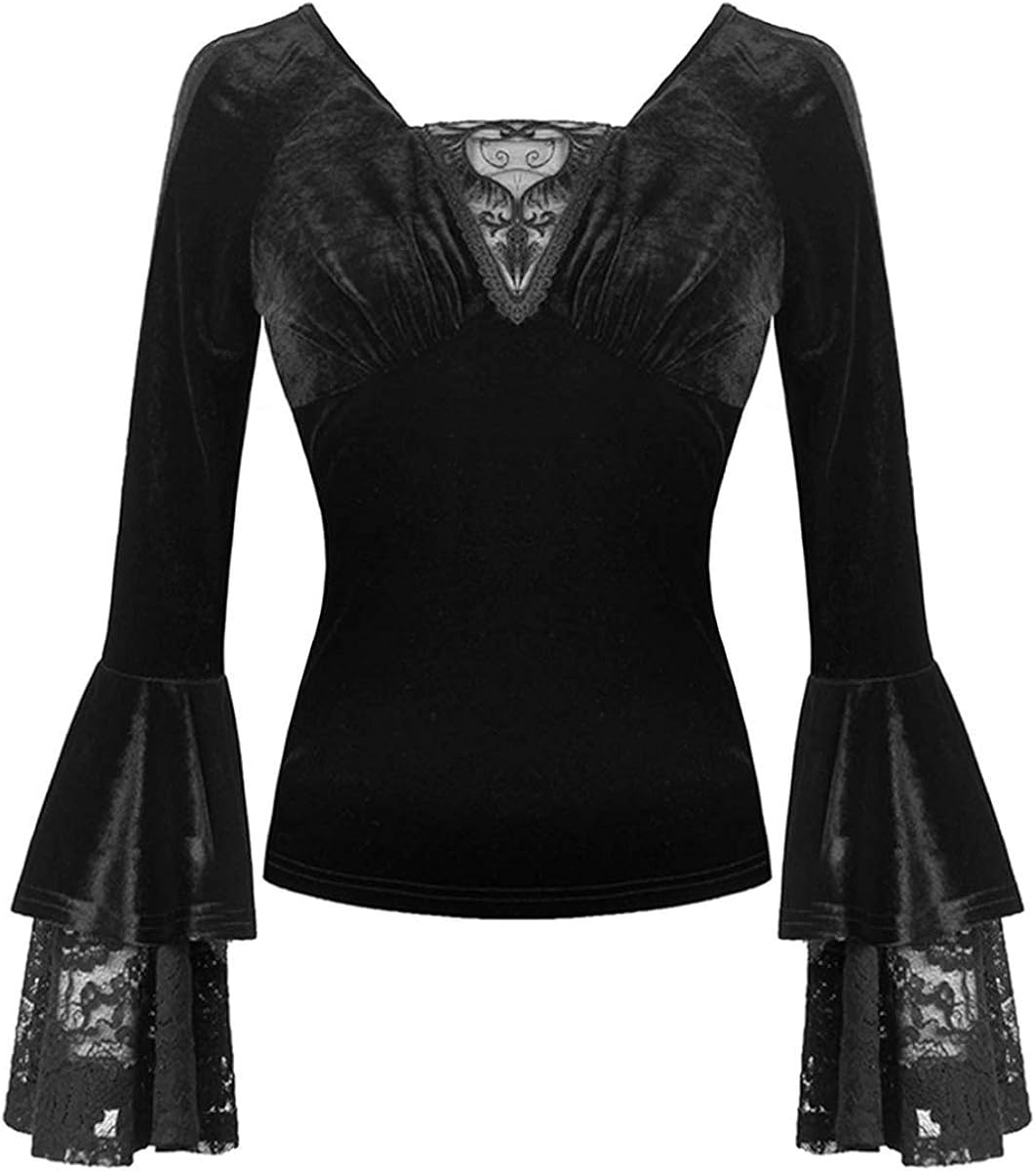 Dark In Love Womens Gothic Top Black Velvet Lace Cuff Embroidered Witch