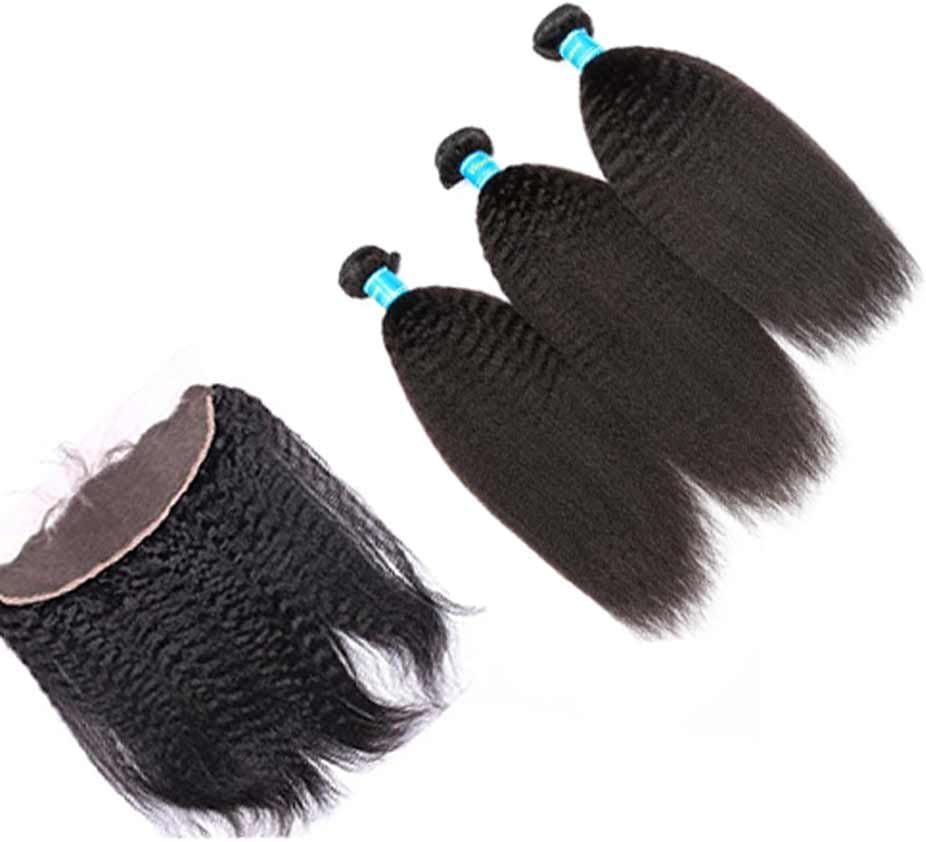 Vinsteen Brazilian Hair Weave Bundles Best 8A Unprocessed Brazillian Kinky Straight Human Hair Extensions with 13X4 Lace Frontal Closure Natural Black (12 14 16 & Closure 10)