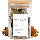 Bloomondo Empty Spice Jars with Label Pack (12x Bamboo Lid Glass Jar). Small 6oz Spice Storage Bottles with 112 Printed Stickers and 48 Writable Pantry Labels for Seasoning Containers