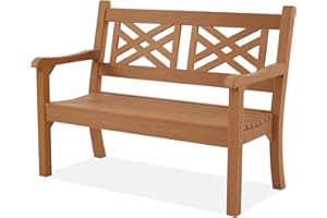 Marcytop 49''W Outdoor Bench, All-Weather Poly Lumber Garden Bench with Decorative Backrest and Curved Armrests, 2-Person Patio Bench Anti-Fade for Porch, Backyard, and Park, Teak Color