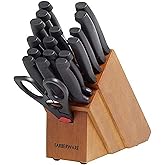 Farberware Never Needs Sharpening High-Carbon Stainless Steel Knife Block Set with Non-Slip Handles, 18 Piece, Black